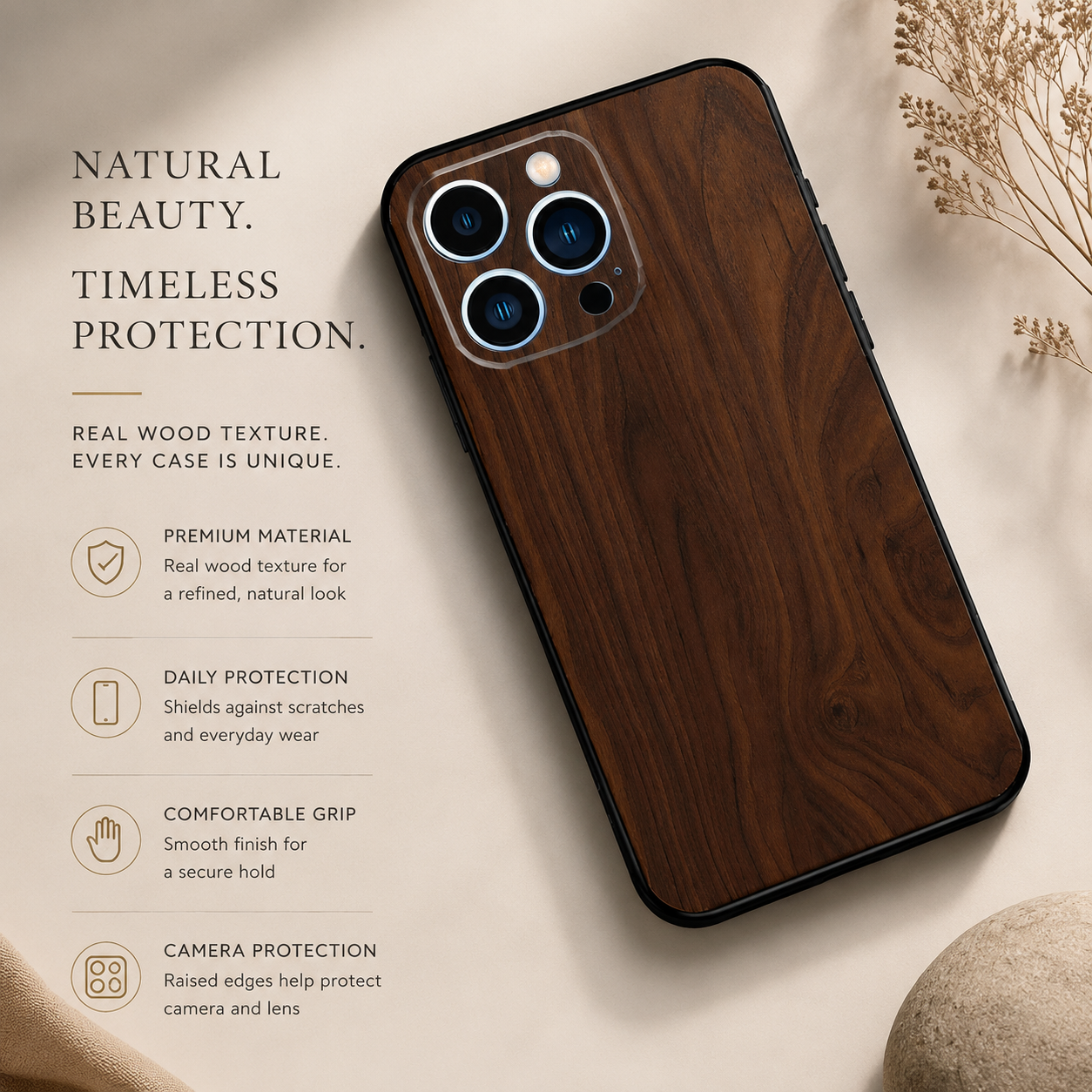 Premium iPhone Case MagSafe Compatible Bamboo Wood Grain Cover Metallic Frame Shockproof Protective Slim Camera Lens Protection Natural Design