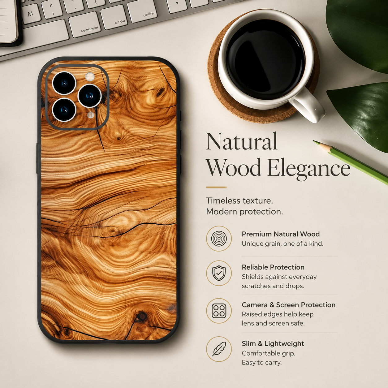Premium iPhone Case MagSafe Compatible Bamboo Wood Grain Cover Metallic Frame Shockproof Protective Slim Camera Lens Protection Natural Design
