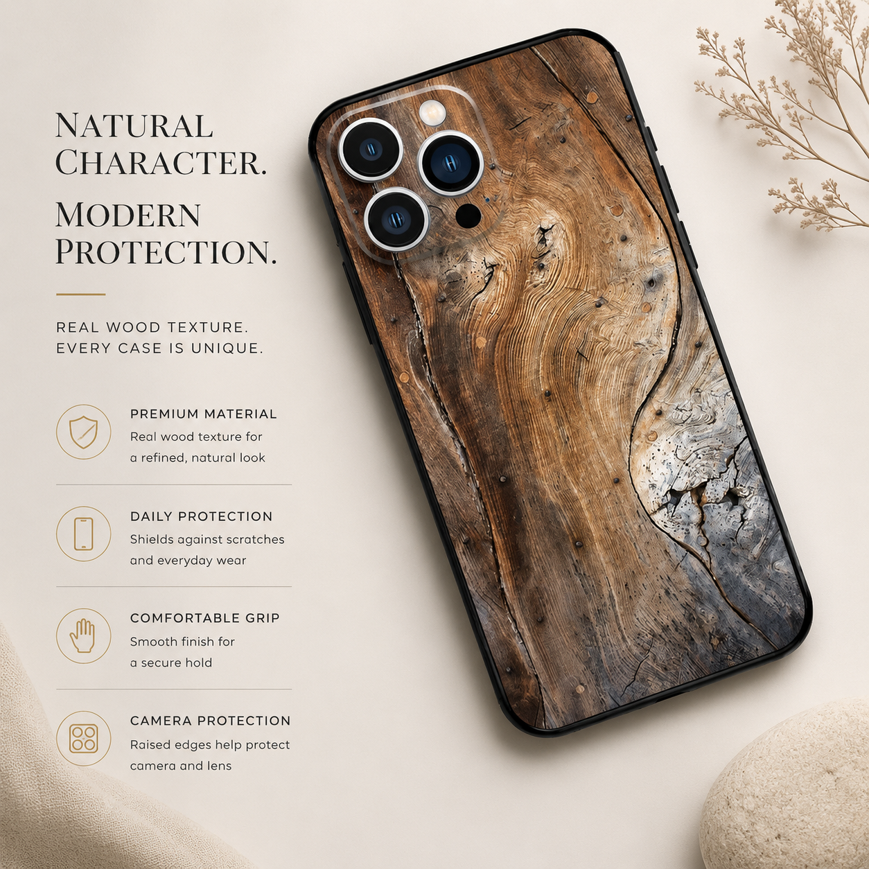 Premium iPhone Case MagSafe Compatible Bamboo Wood Grain Cover Metallic Frame Shockproof Protective Slim Camera Lens Protection Natural Design