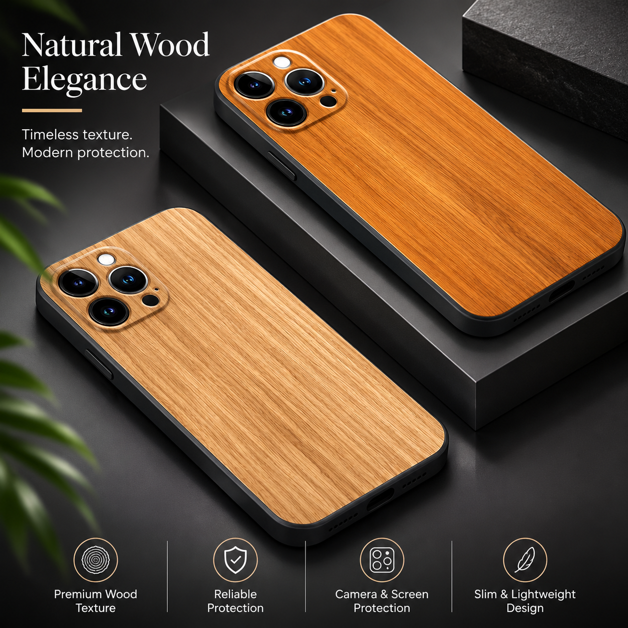 Premium iPhone Case MagSafe Compatible Bamboo Wood Grain Cover Metallic Frame Shockproof Protective Slim Camera Lens Protection Natural Design