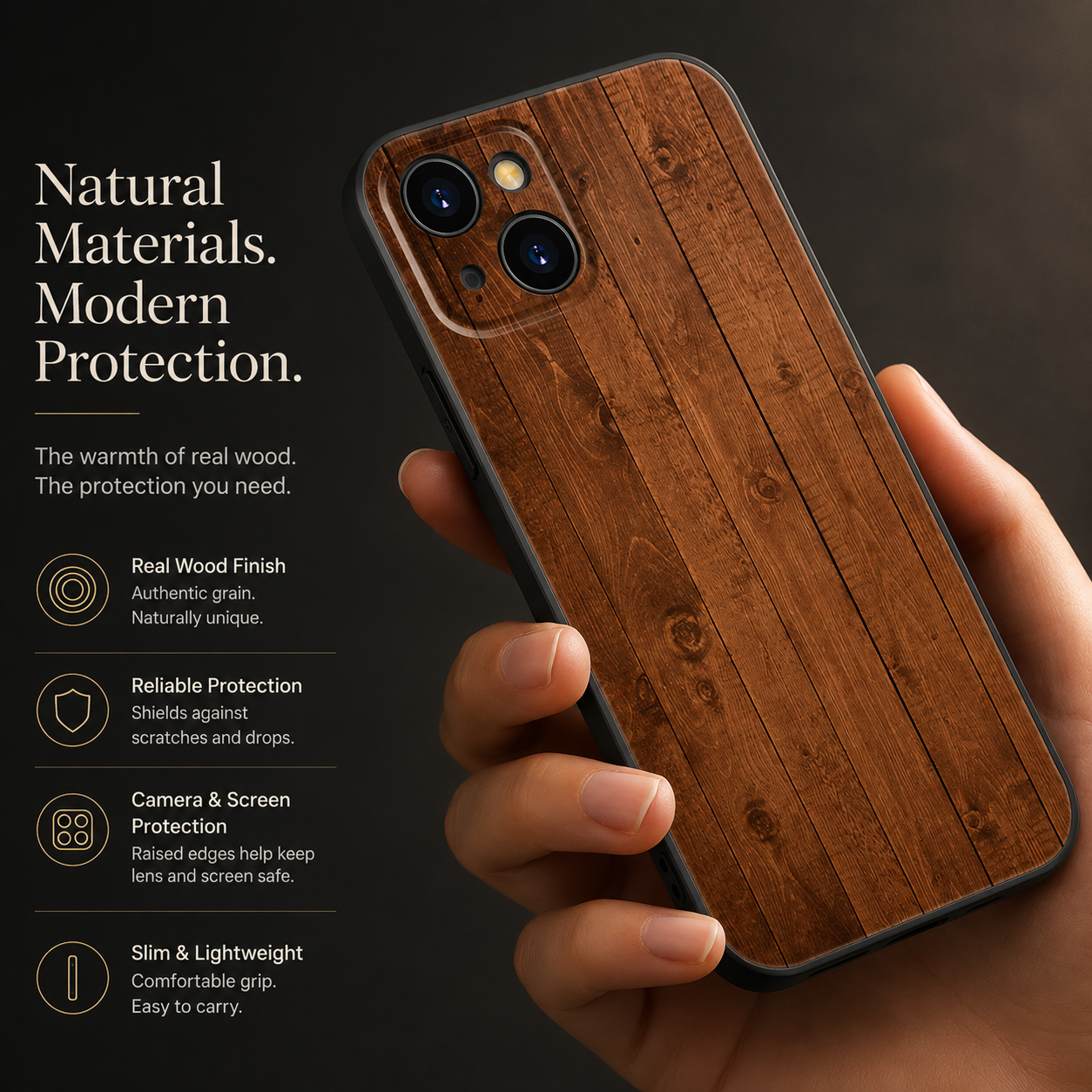 Premium iPhone Case MagSafe Compatible Bamboo Wood Grain Cover Metallic Frame Shockproof Protective Slim Camera Lens Protection Natural Design