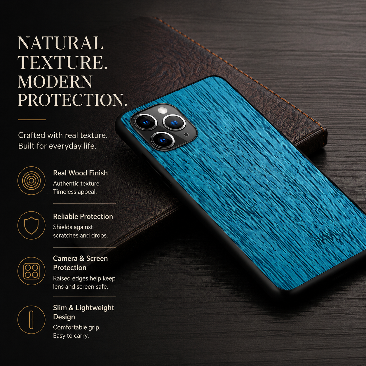 Premium iPhone Case MagSafe Compatible Bamboo Wood Leather Texture Cover Slim Shockproof Protective Camera Lens Protection Natural Finish Design
