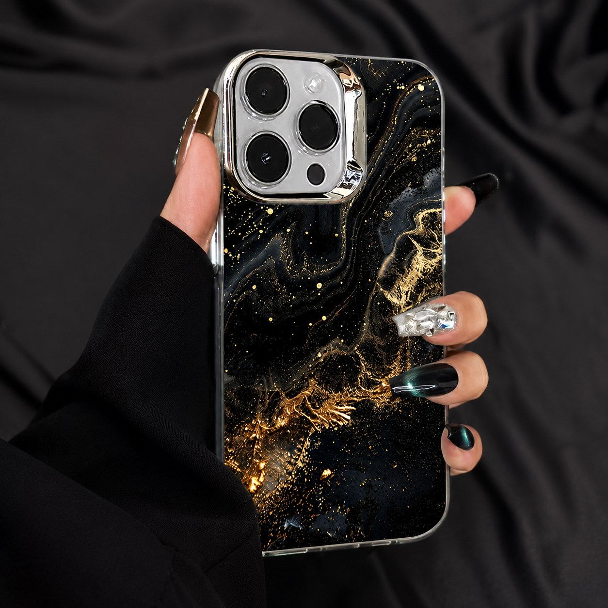 Premium iPhone Case MagSafe Compatible Black Marble Texture Magnetic Cover Gold Edge Shockproof Protective Camera Lens Guard 3D Grip Slim Design