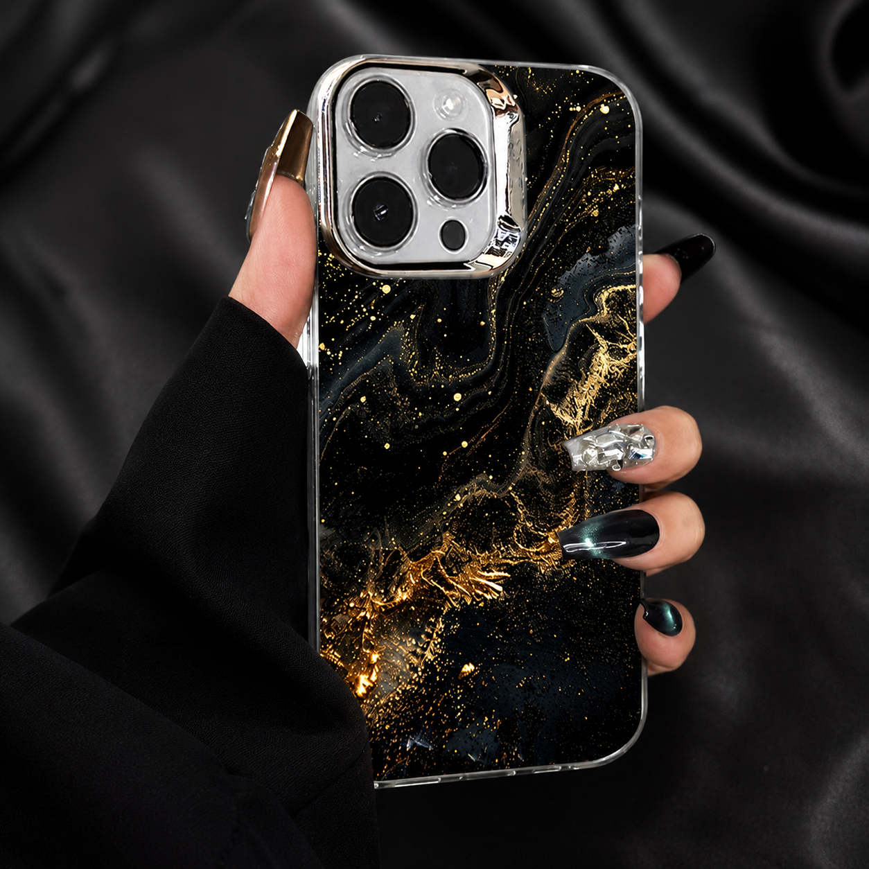 Premium iPhone Case MagSafe Compatible Black Marble Texture Magnetic Cover Gold Edge Shockproof Protective Camera Lens Guard 3D Grip Slim Design