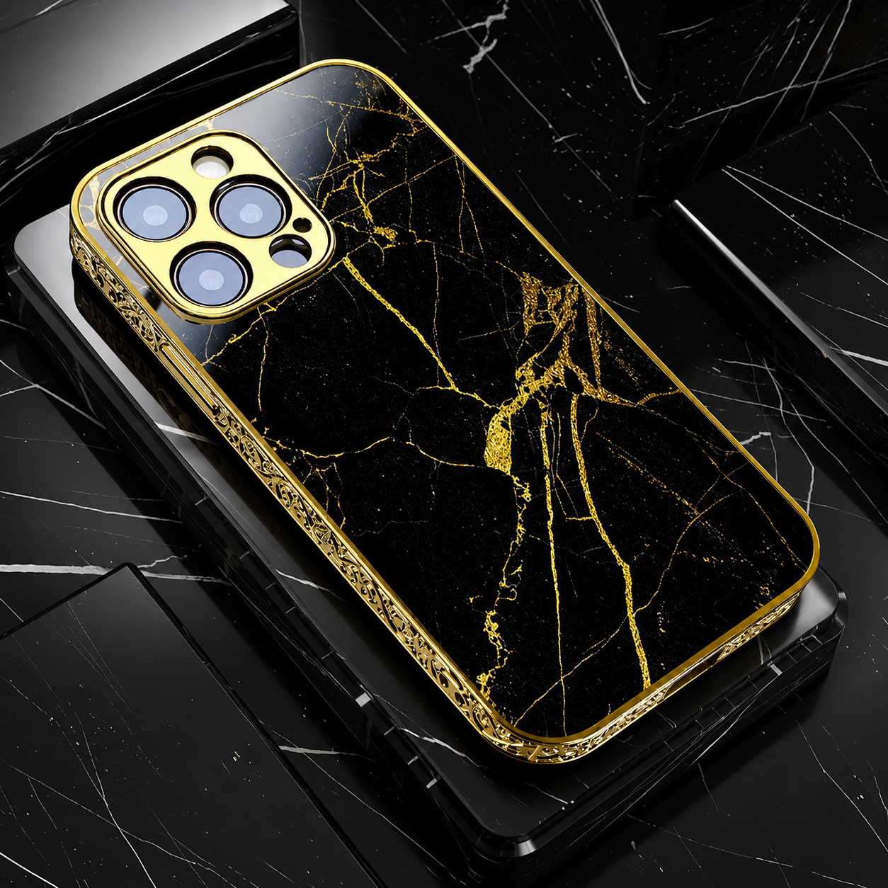 Premium iPhone Case MagSafe Compatible Black Marble Texture Magnetic Cover Gold Edge Shockproof Protective Camera Lens Guard 3D Grip Slim Design