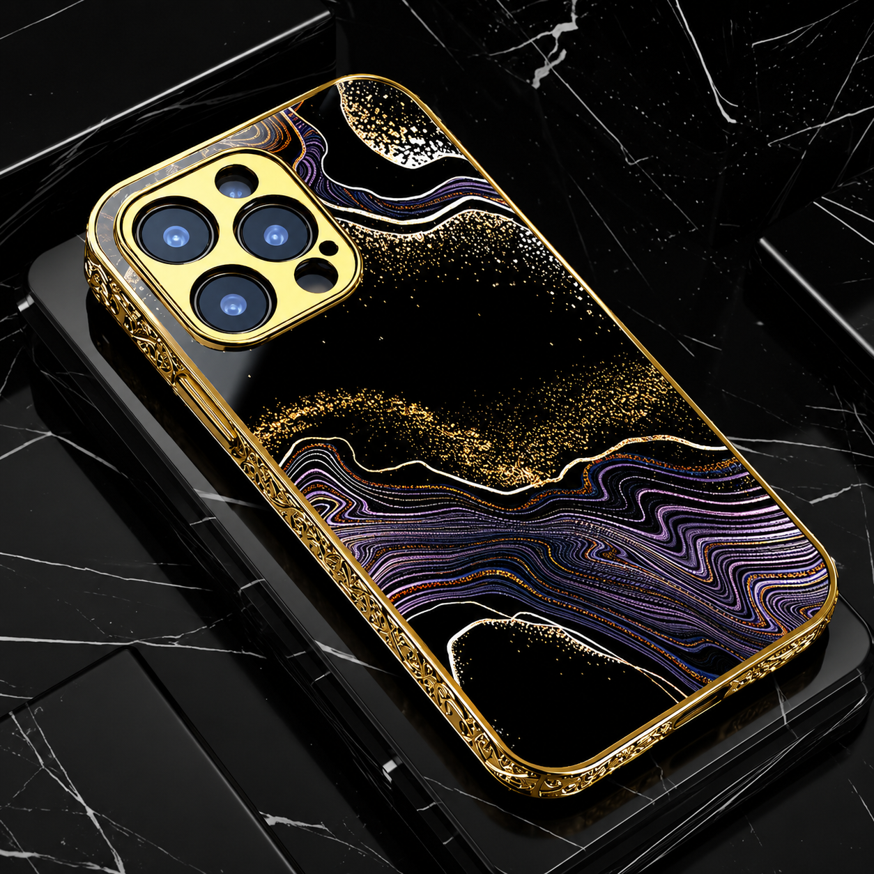 Premium iPhone Case MagSafe Compatible Black Marble Texture Magnetic Cover Gold Edge Shockproof Protective Camera Lens Guard 3D Grip Slim Design