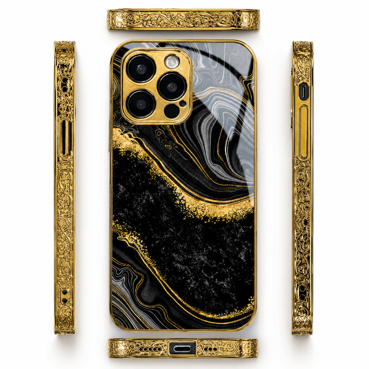 Premium iPhone Case MagSafe Compatible Black Marble Texture Magnetic Cover Gold Edge Shockproof Protective Camera Lens Guard 3D Grip Slim Design