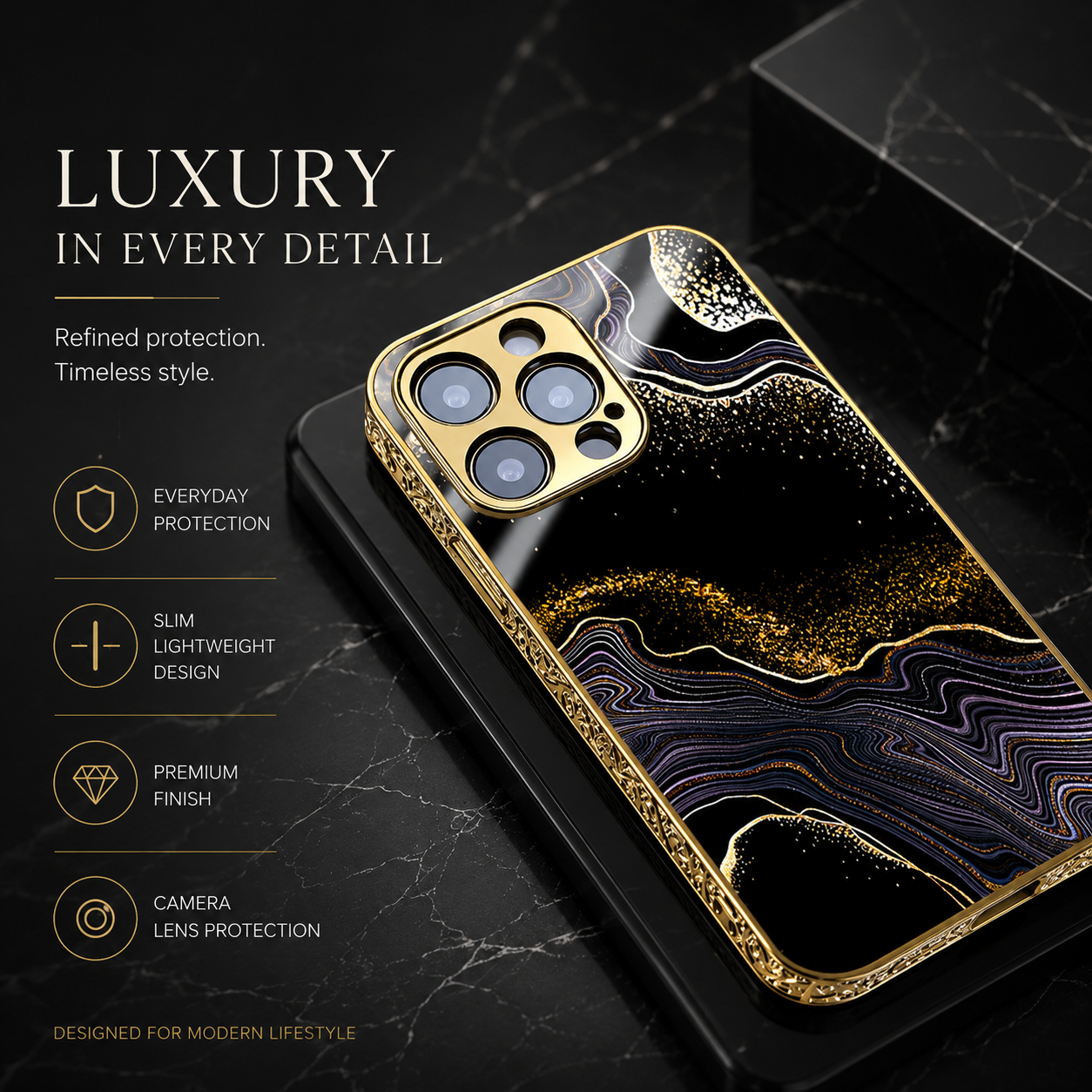 Premium iPhone Case MagSafe Compatible Black Marble Texture Magnetic Cover Gold Edge Shockproof Protective Camera Lens Guard 3D Grip Slim Design