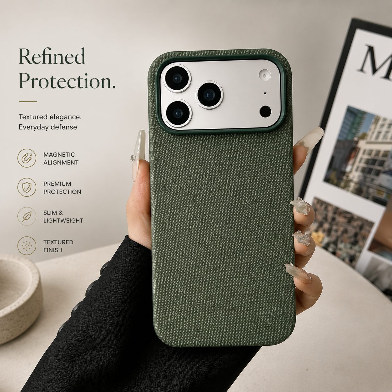 Premium iPhone Case MagSafe Compatible Business Cover Polyester Fiber Shockproof Wireless Charging Full Coverage Anti Scratch Slim Professional Design