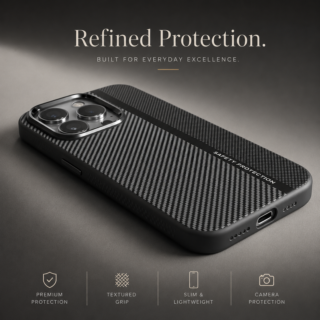 Premium iPhone Case MagSafe Compatible Carbon Fiber Cover Hybrid Shockproof Airbag Corners Metal Camera Guard Anti Fingerprint Slim Design