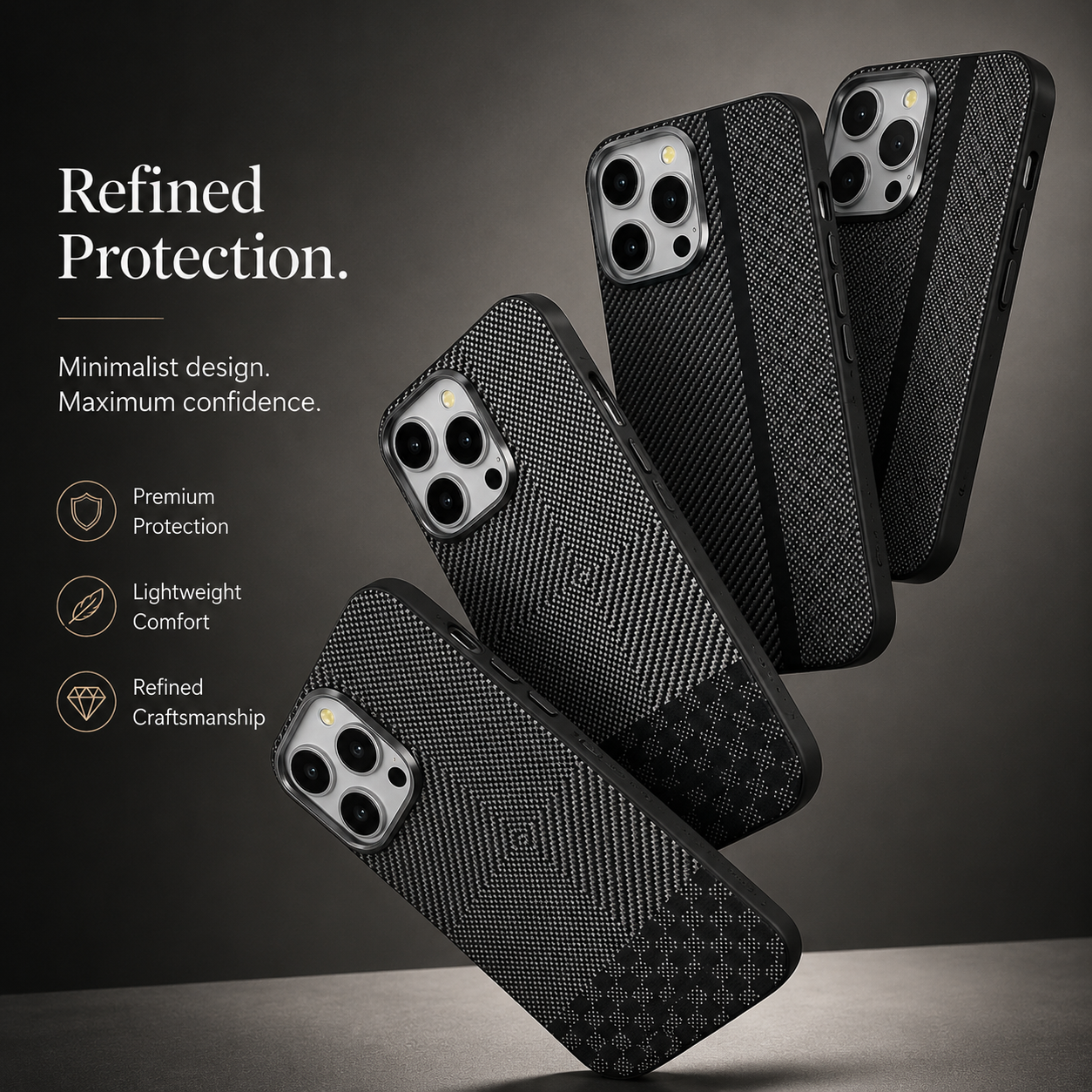 Premium iPhone Case MagSafe Compatible Carbon Fiber Cover Hybrid Shockproof Airbag Corners Metal Camera Guard Anti Fingerprint Slim Design