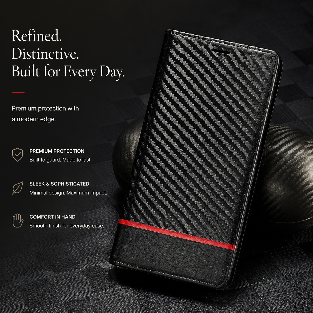 Premium iPhone Case MagSafe Compatible Carbon Fiber Leather Flip Wallet Cover Card Holder Stand Magnetic Shockproof Camera Lens Protection Slim Design