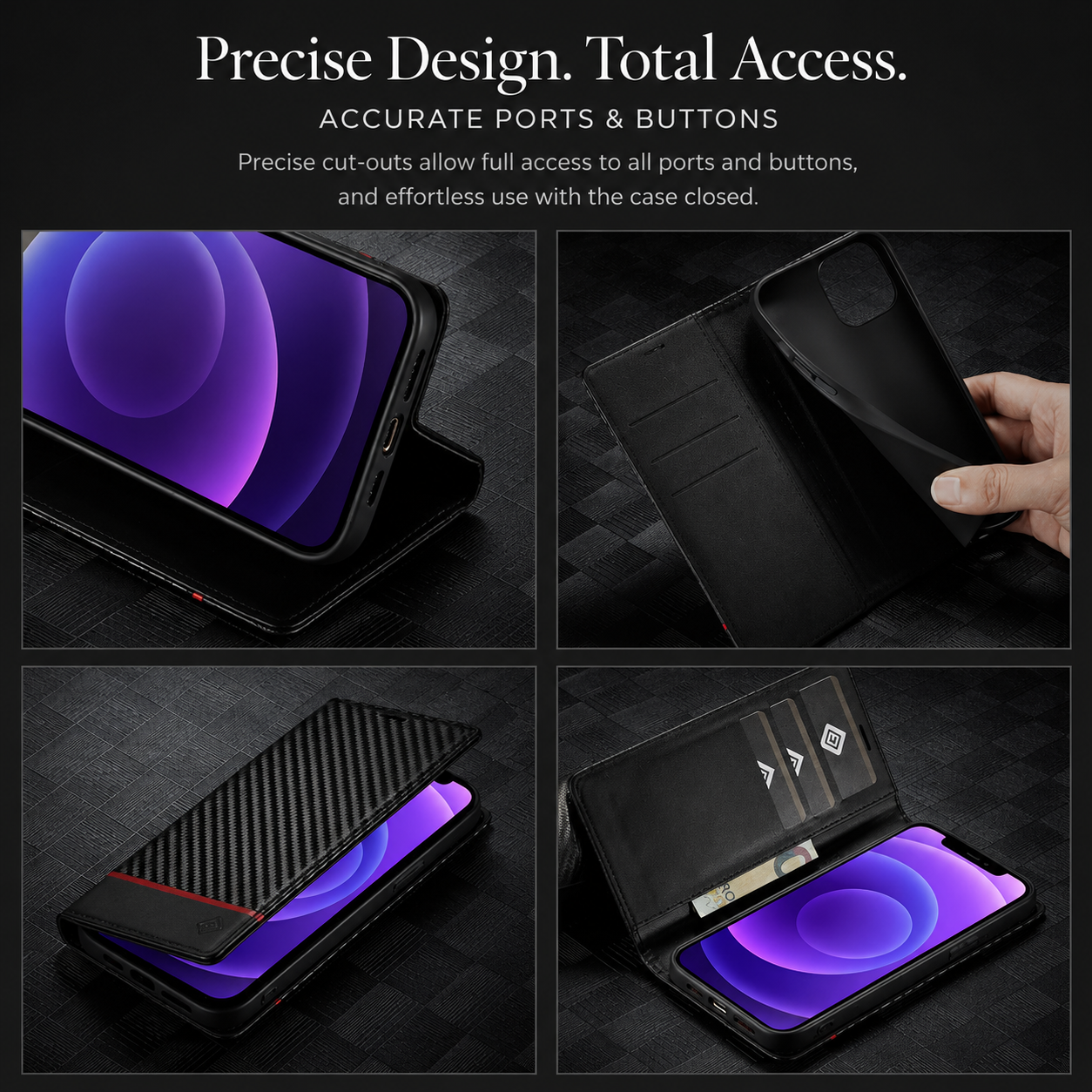 Premium iPhone Case MagSafe Compatible Carbon Fiber Leather Flip Wallet Cover Card Holder Stand Magnetic Shockproof Camera Lens Protection Slim Design