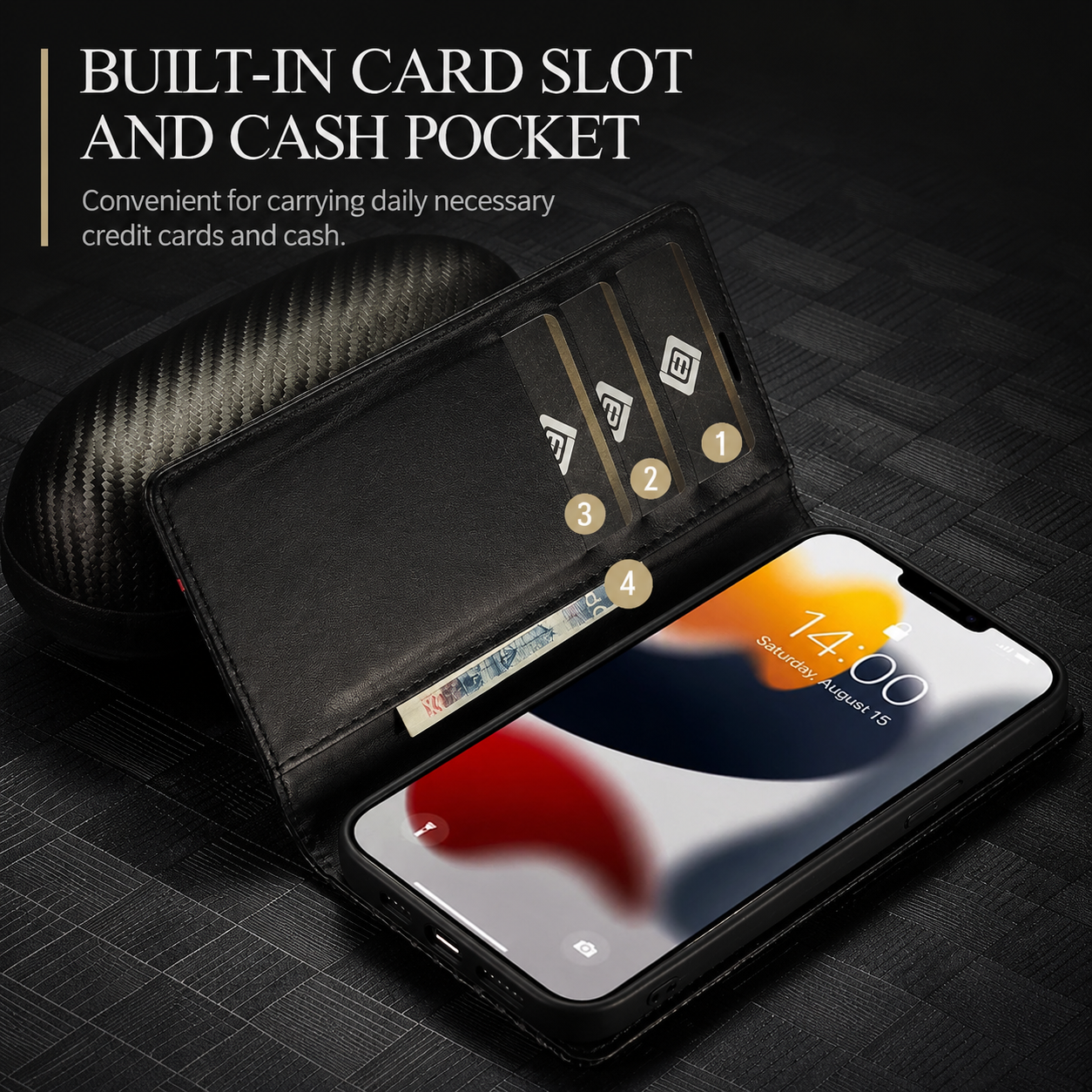 Premium iPhone Case MagSafe Compatible Carbon Fiber Leather Flip Wallet Cover Card Holder Stand Magnetic Shockproof Camera Lens Protection Slim Design
