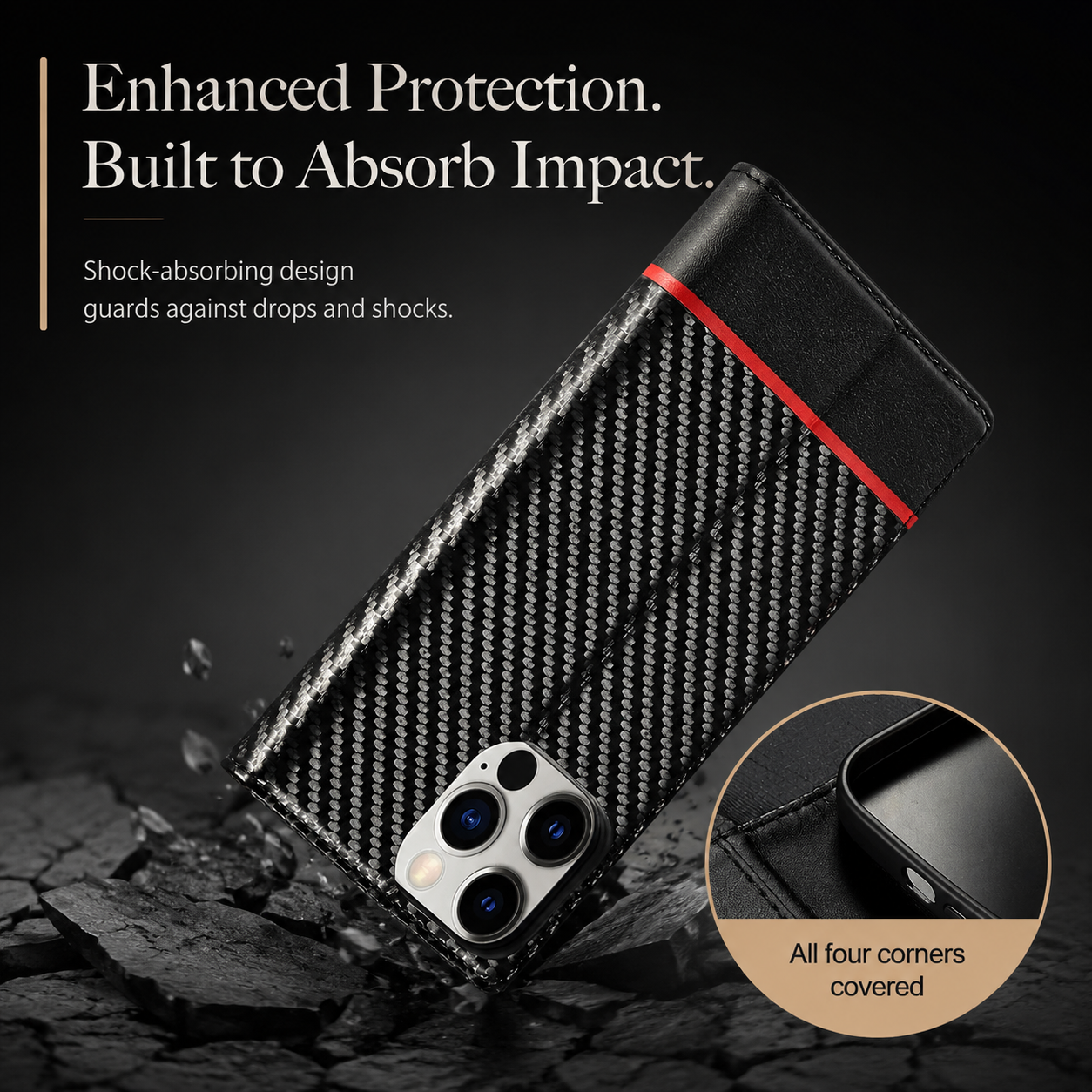 Premium iPhone Case MagSafe Compatible Carbon Fiber Leather Flip Wallet Cover Card Holder Stand Magnetic Shockproof Camera Lens Protection Slim Design