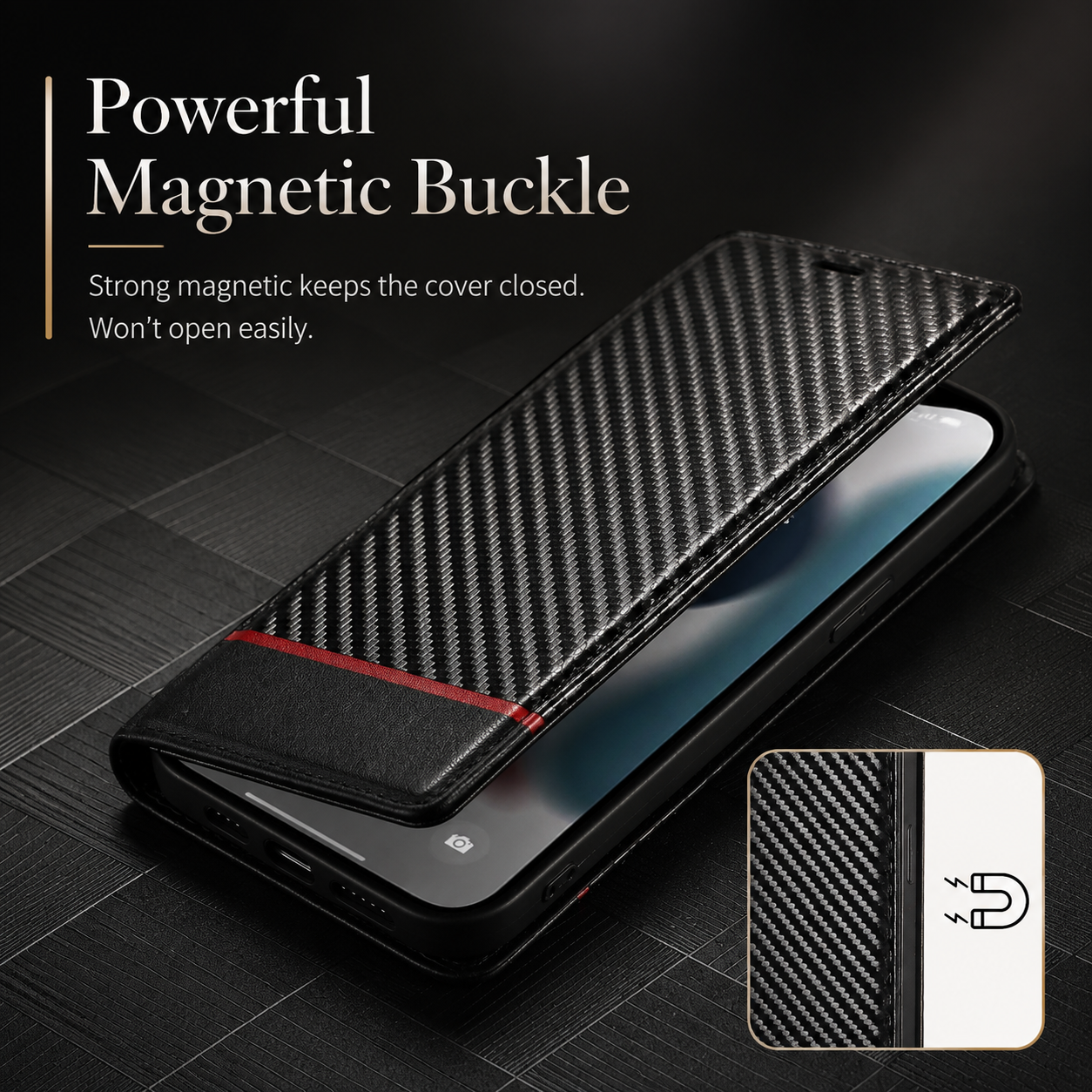 Premium iPhone Case MagSafe Compatible Carbon Fiber Leather Flip Wallet Cover Card Holder Stand Magnetic Shockproof Camera Lens Protection Slim Design