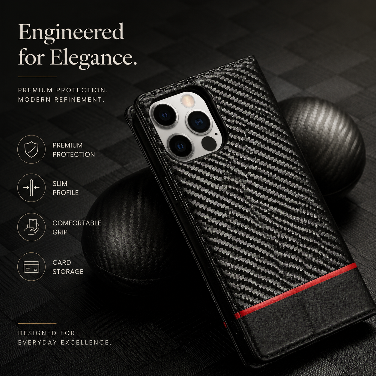 Premium iPhone Case MagSafe Compatible Carbon Fiber Leather Flip Wallet Cover Card Holder Stand Magnetic Shockproof Camera Lens Protection Slim Design