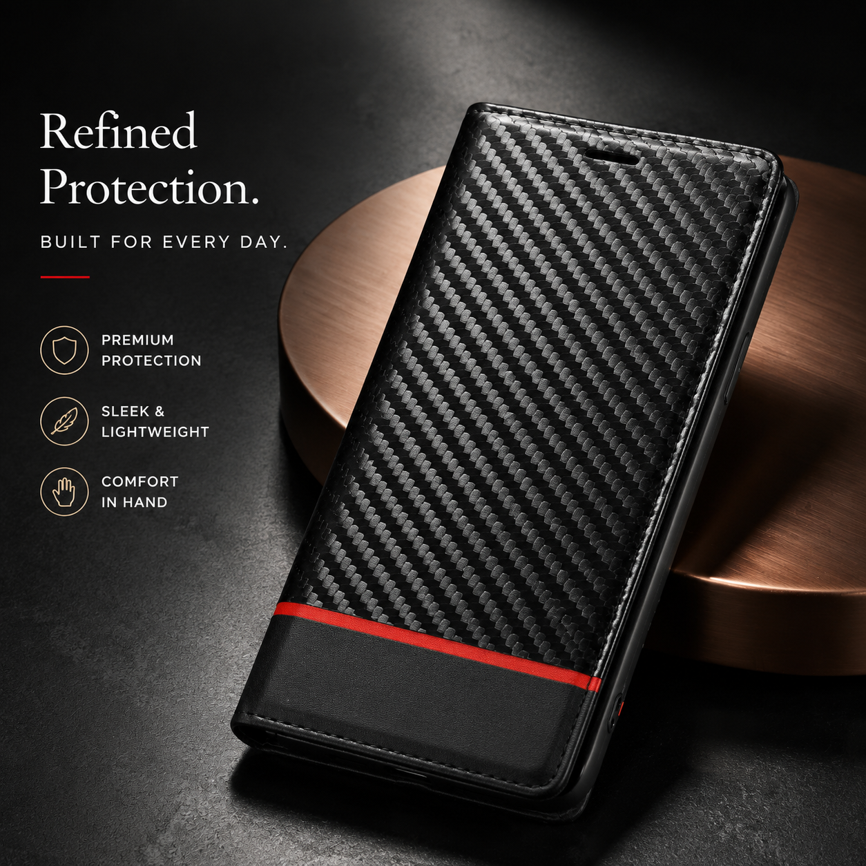 Premium iPhone Case MagSafe Compatible Carbon Fiber Leather Flip Wallet Cover Card Holder Stand Magnetic Shockproof Camera Lens Protection Slim Design