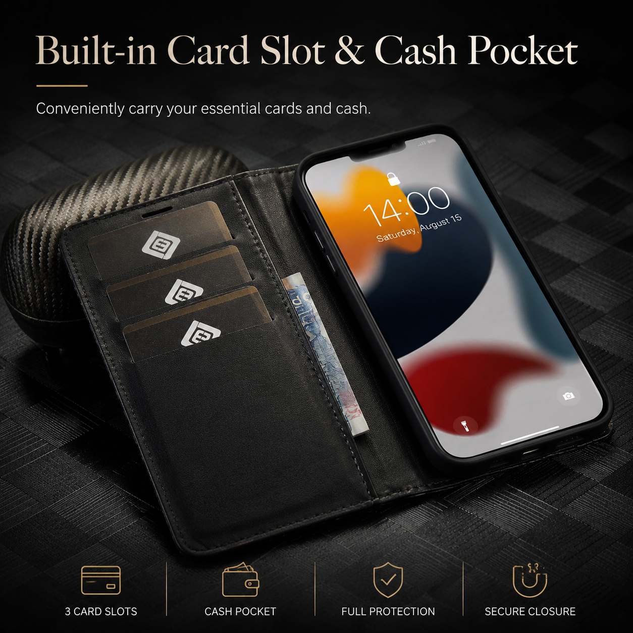 Premium iPhone Case MagSafe Compatible Carbon Fiber Leather Flip Wallet Cover Card Holder Stand Magnetic Shockproof Camera Lens Protection Slim Design