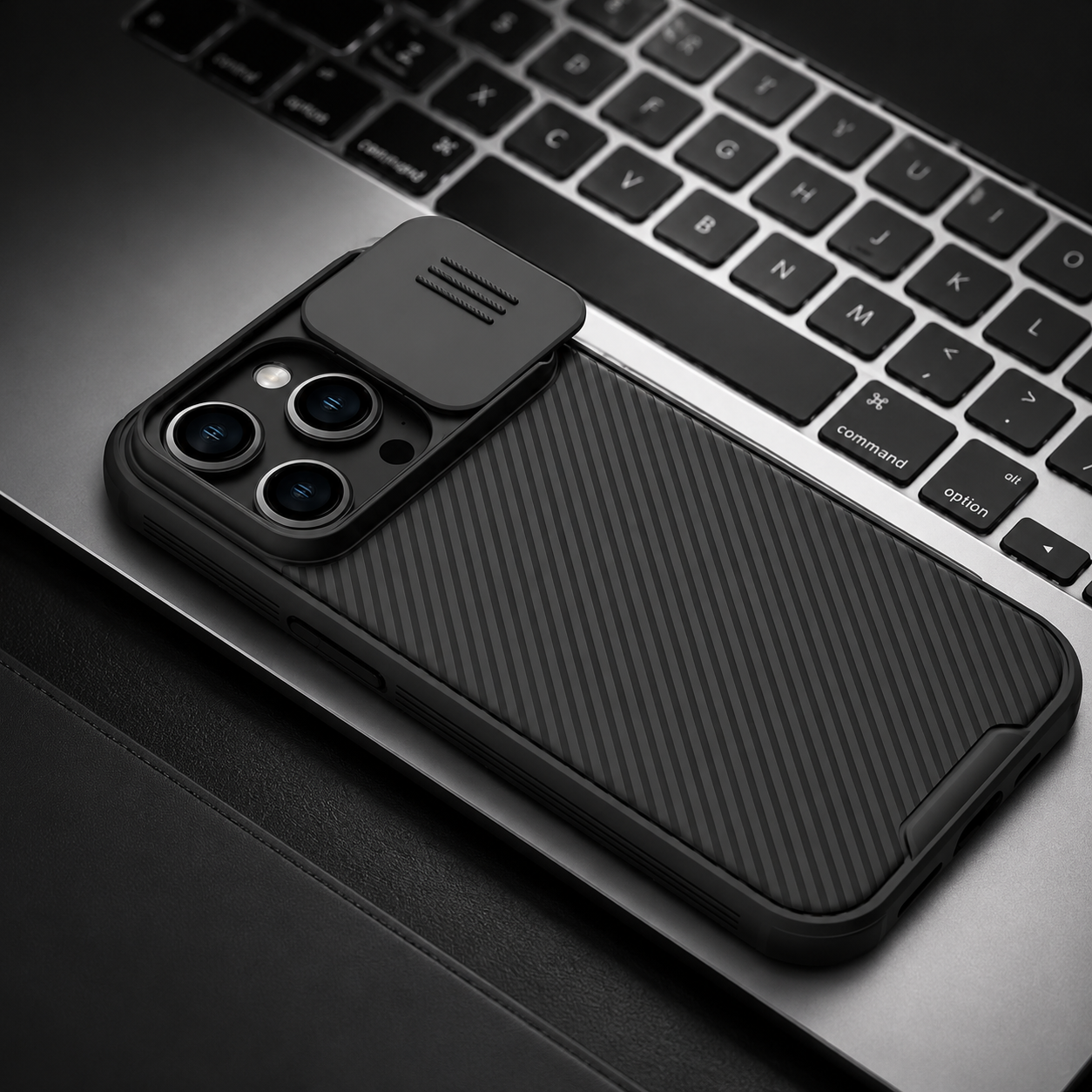 Premium iPhone Case MagSafe Compatible Carbon Fiber Texture Sliding Camera Cover Magnetic Cover Shockproof Protective Lens Guard Slim Design