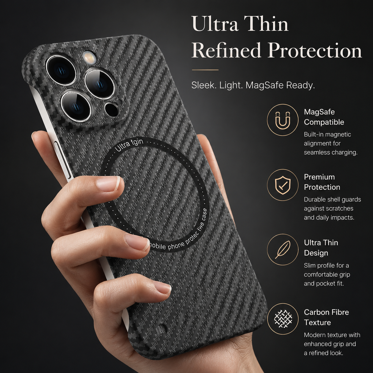 Premium iPhone Case MagSafe Compatible Carbon Fiber Texture Slim Cover Ultra Thin Shockproof Camera Lens Protection Lightweight Protective Design
