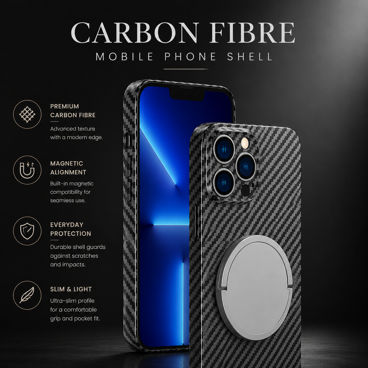 Premium iPhone Case MagSafe Compatible Carbon Fiber Texture Slim Cover Ultra Thin Shockproof Camera Lens Protection Lightweight Protective Design