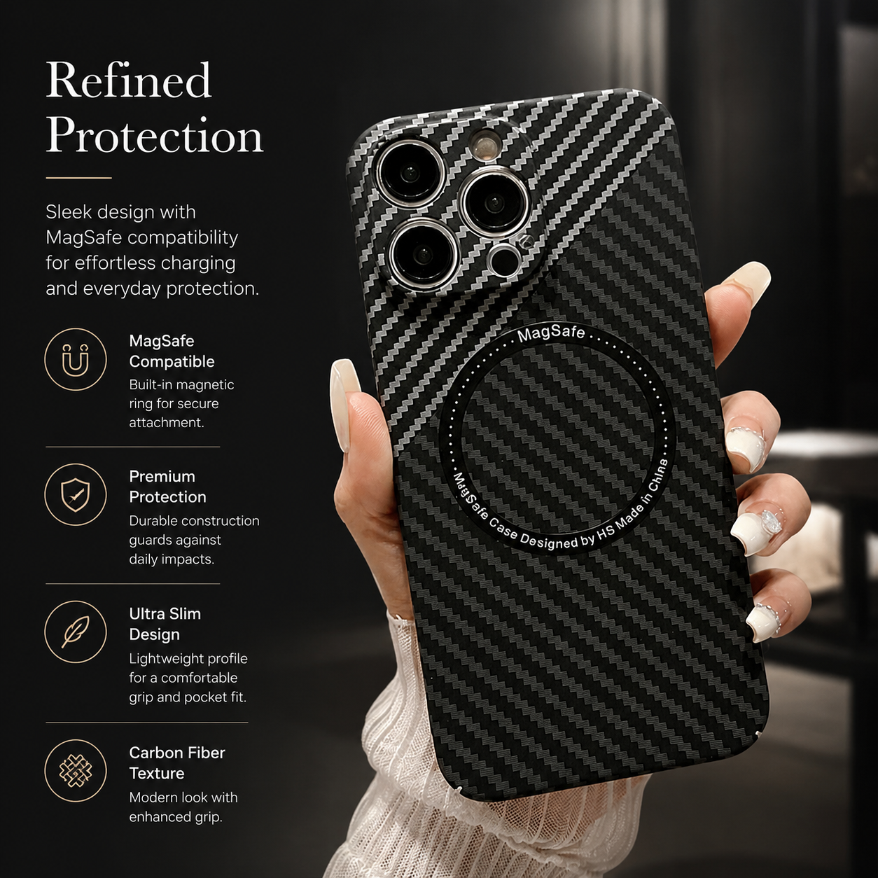 Premium iPhone Case MagSafe Compatible Carbon Fiber Texture Slim Cover Ultra Thin Shockproof Camera Lens Protection Lightweight Protective Design