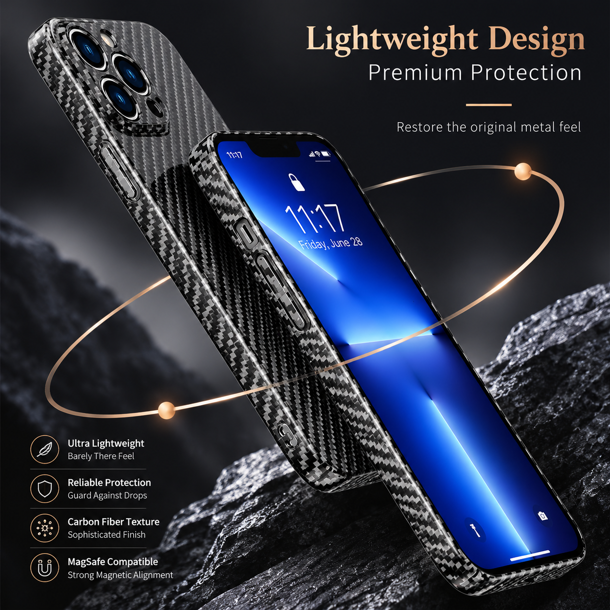 Premium iPhone Case MagSafe Compatible Carbon Fiber Texture Slim Cover Ultra Thin Shockproof Camera Lens Protection Lightweight Protective Design