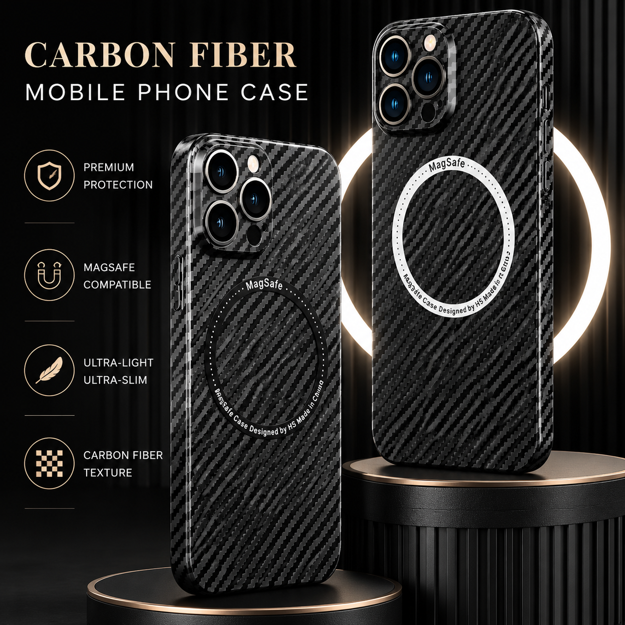 Premium iPhone Case MagSafe Compatible Carbon Fiber Texture Slim Cover Ultra Thin Shockproof Camera Lens Protection Lightweight Protective Design