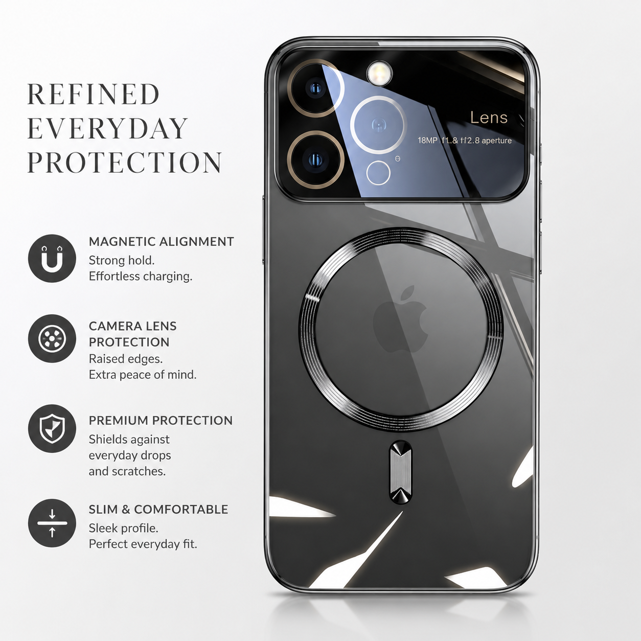 Premium iPhone Case MagSafe Compatible Clear Glass Back Cover Silicone Bumper Magnetic Shock Absorbing Protective Camera Lens Guard Ultra Thin Design