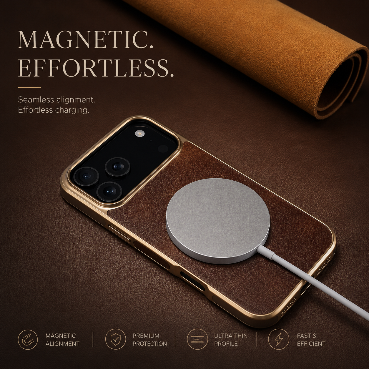 Premium iPhone Case MagSafe Compatible Cowhide Leather Cover Electroplated Edge Camera Protection Shockproof Anti Scratch Non Slip Slim Lightweight Design