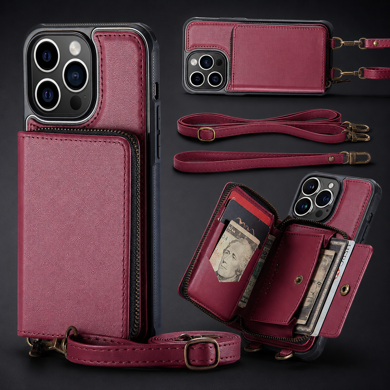Premium iPhone Case MagSafe Compatible Crossbody Wallet Cover PU Leather Card Holder Phone Chain Stand Magnetic Closure Shockproof Full Coverage