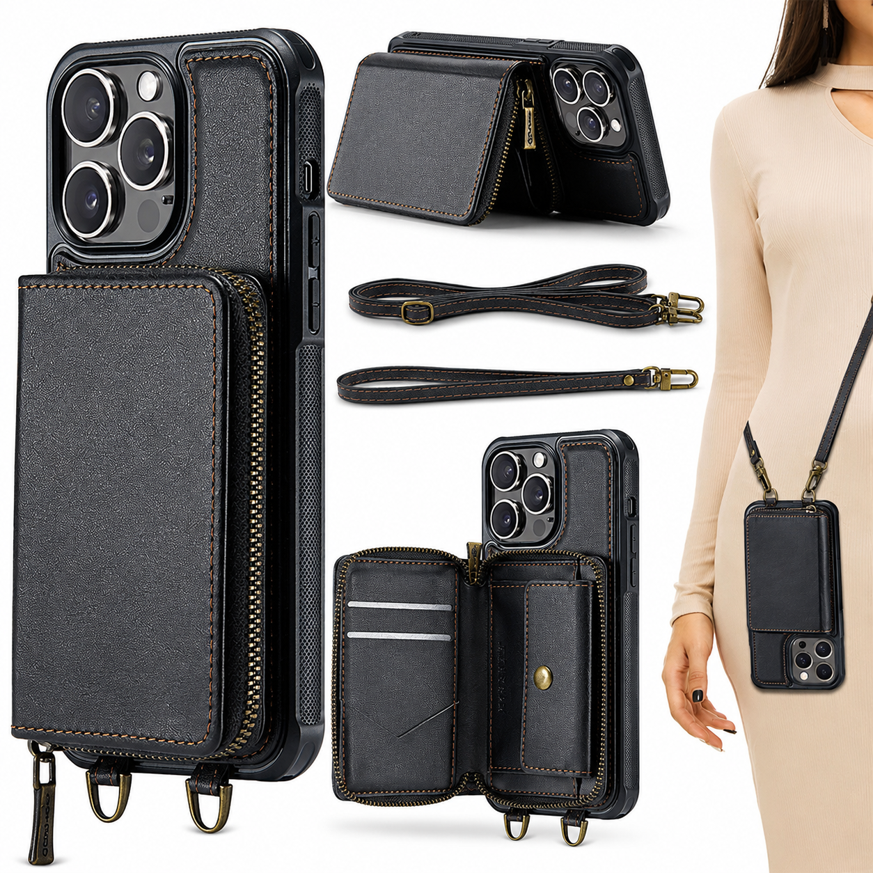 Premium iPhone Case MagSafe Compatible Crossbody Wallet Cover PU Leather Card Holder Phone Chain Stand Magnetic Closure Shockproof Full Coverage