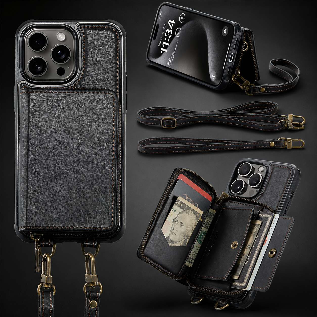 Premium iPhone Case MagSafe Compatible Crossbody Wallet Cover PU Leather Card Holder Phone Chain Stand Magnetic Closure Shockproof Full Coverage