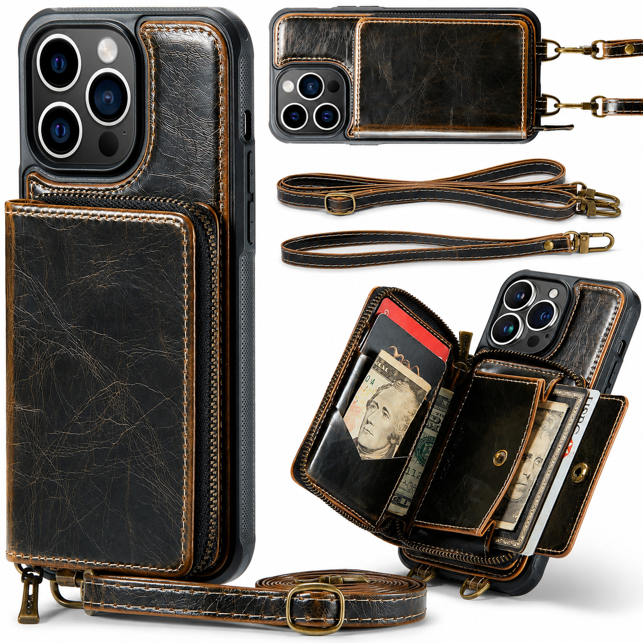 Premium iPhone Case MagSafe Compatible Crossbody Wallet Cover PU Leather Card Holder Phone Chain Stand Magnetic Closure Shockproof Full Coverage