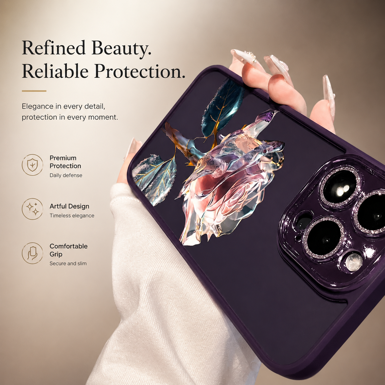 Premium iPhone Case MagSafe Compatible Crystal Rose Diamond Magnetic Cover Glitter Texture Shockproof Protective Camera Lens Guard Slim Design