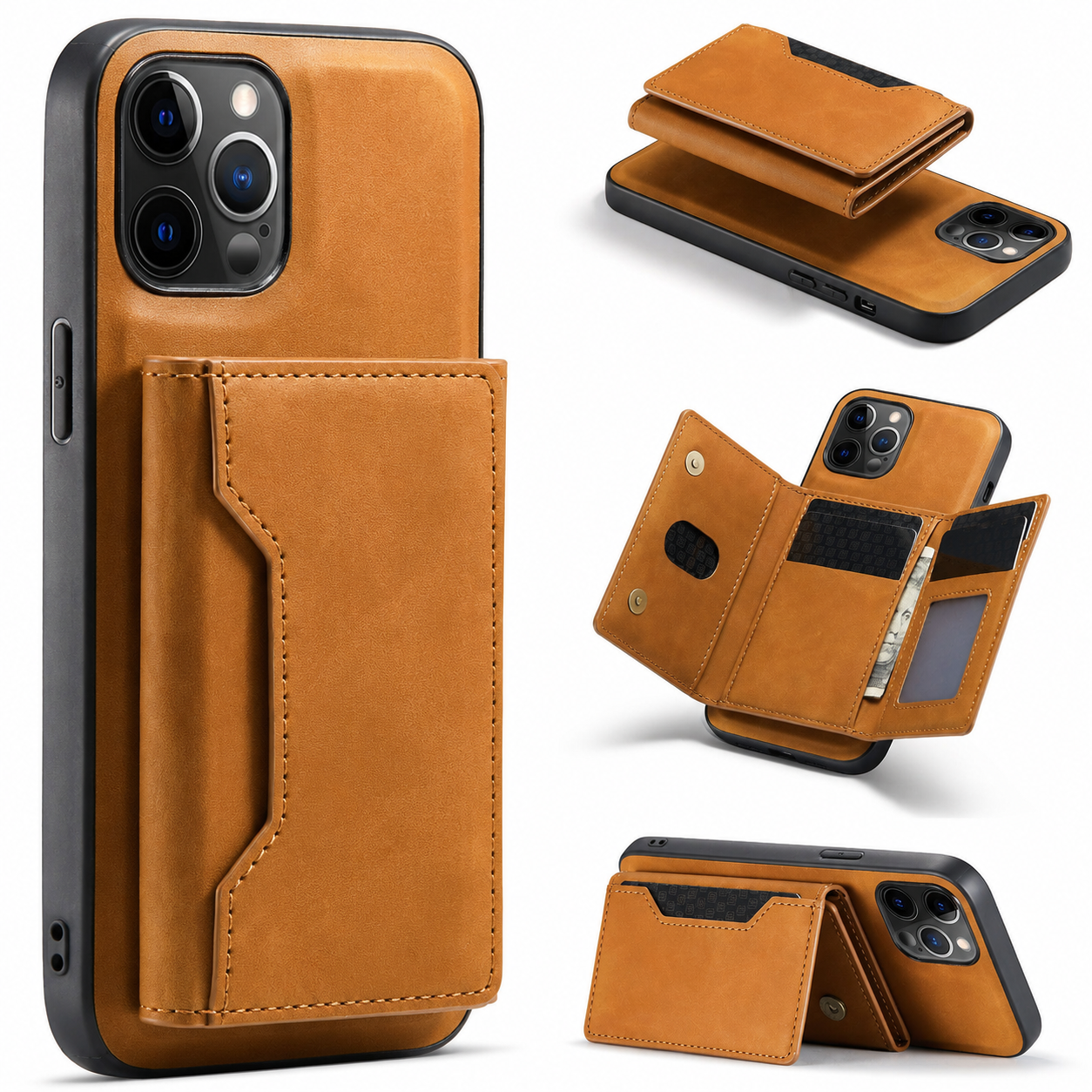 Premium iPhone Case MagSafe Compatible Detachable Leather Wallet Cover Card Holder Magnetic Stand Shockproof Protective Camera Lens Guard Slim Design