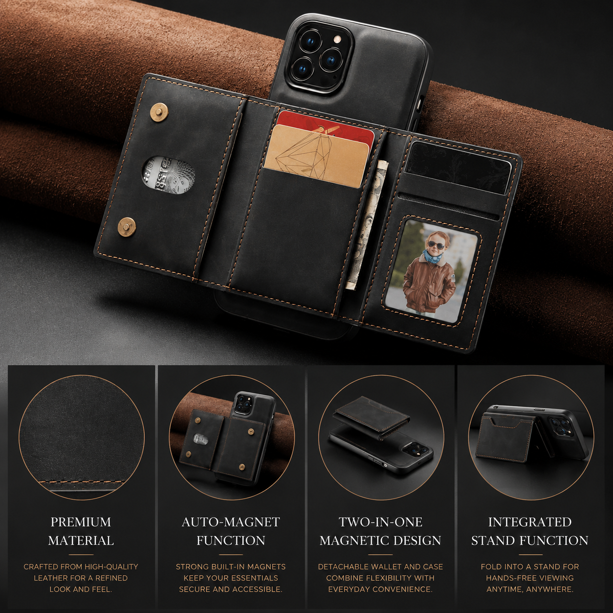 Premium iPhone Case MagSafe Compatible Detachable Leather Wallet Cover Card Holder Magnetic Stand Shockproof Protective Camera Lens Guard Slim Design