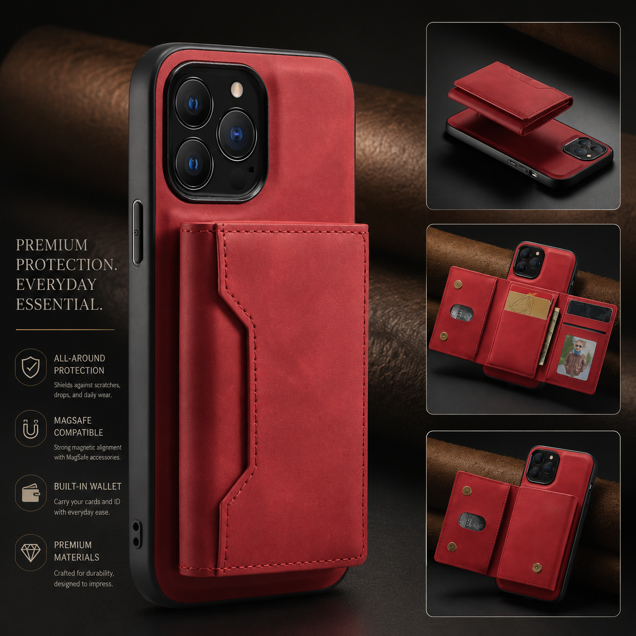 Premium iPhone Case MagSafe Compatible Detachable Leather Wallet Cover Card Holder Magnetic Stand Shockproof Protective Camera Lens Guard Slim Design