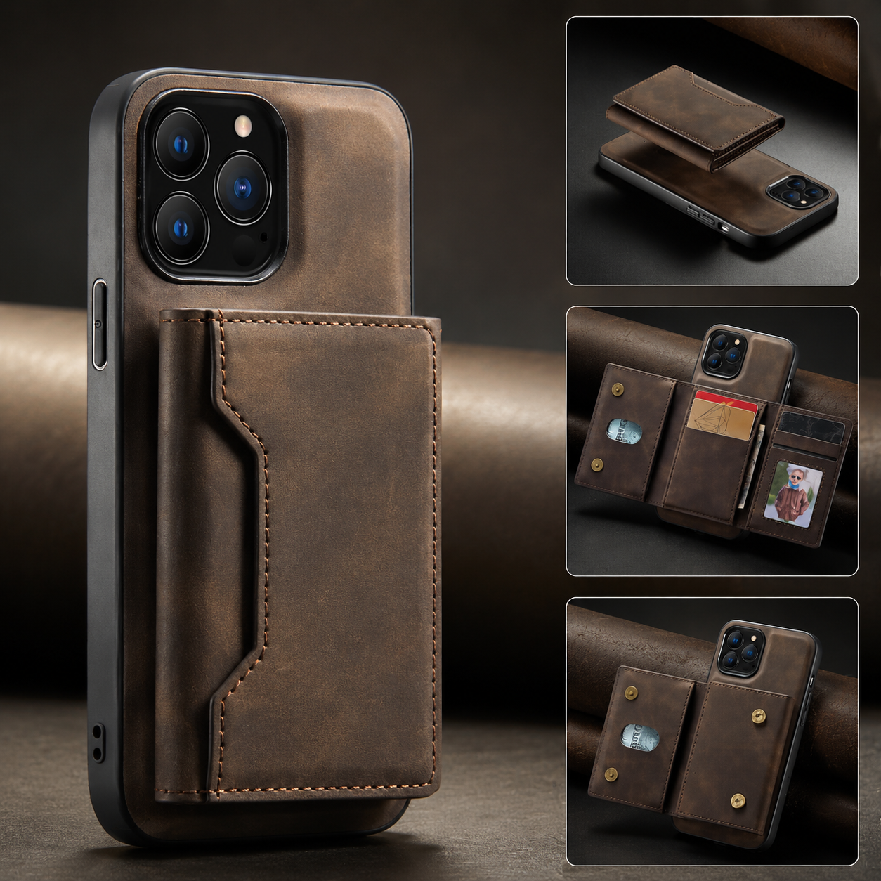 Premium iPhone Case MagSafe Compatible Detachable Leather Wallet Cover Card Holder Magnetic Stand Shockproof Protective Camera Lens Guard Slim Design