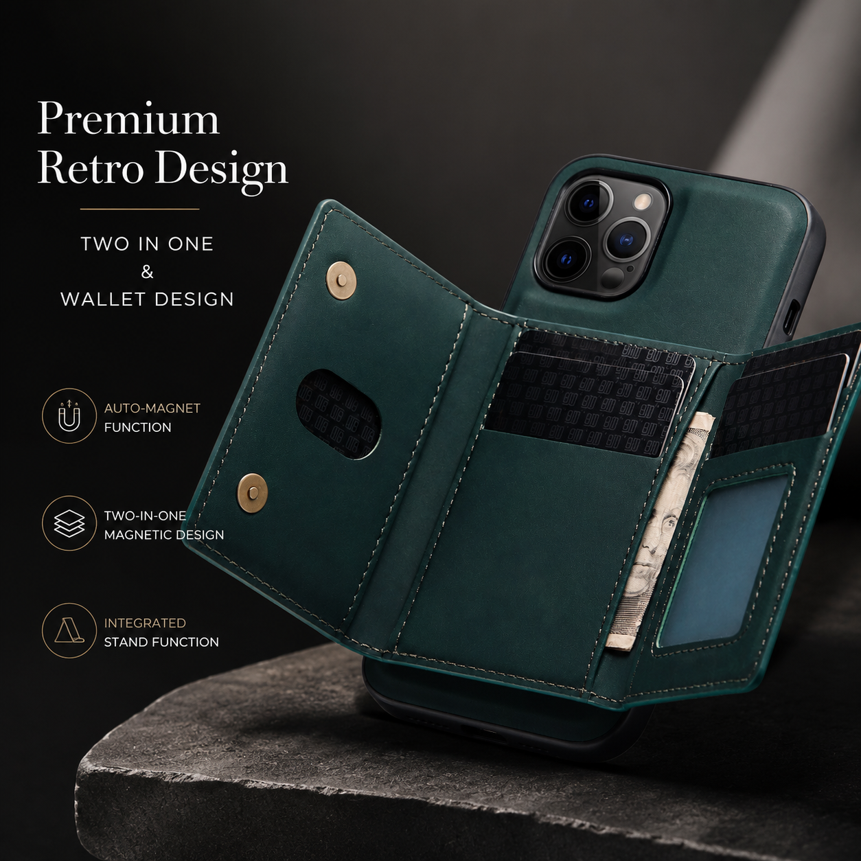 Premium iPhone Case MagSafe Compatible Detachable Leather Wallet Cover Card Holder Magnetic Stand Shockproof Protective Camera Lens Guard Slim Design