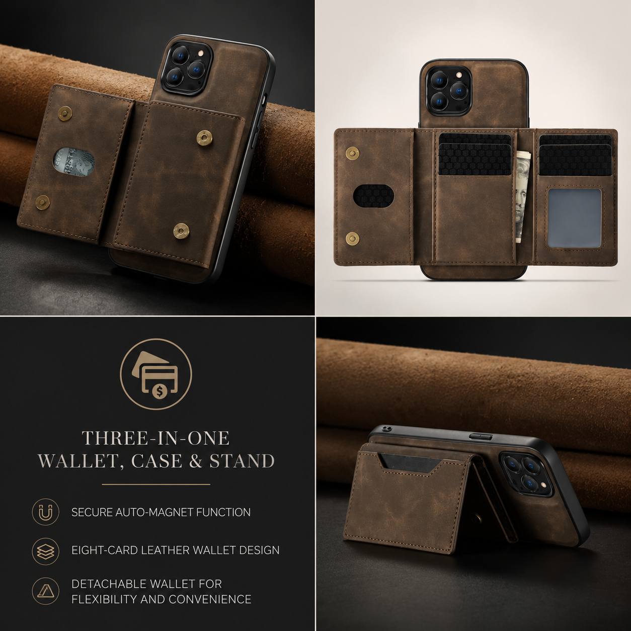 Premium iPhone Case MagSafe Compatible Detachable Leather Wallet Cover Card Holder Magnetic Stand Shockproof Protective Camera Lens Guard Slim Design