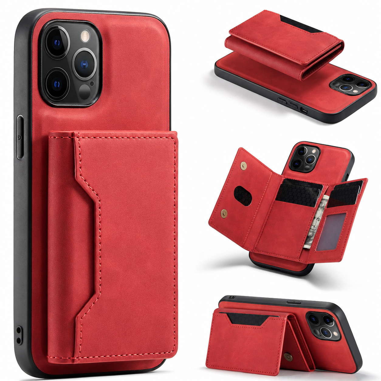 Premium iPhone Case MagSafe Compatible Detachable Leather Wallet Cover Card Holder Magnetic Stand Shockproof Protective Camera Lens Guard Slim Design