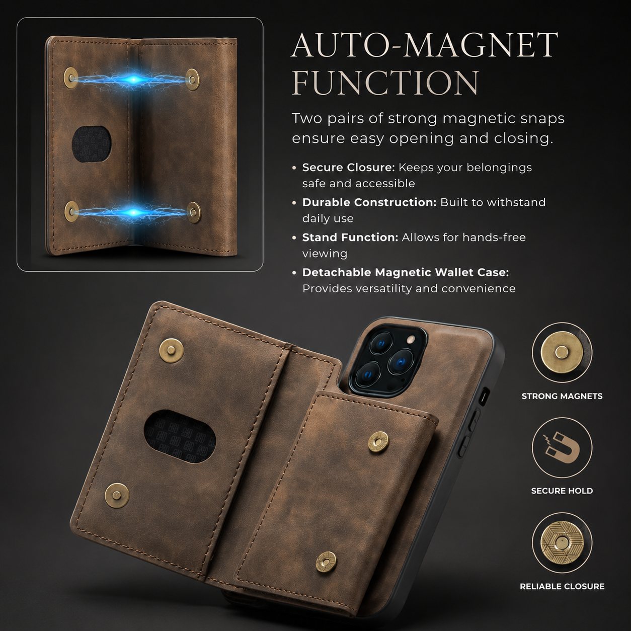 Premium iPhone Case MagSafe Compatible Detachable Leather Wallet Cover Card Holder Magnetic Stand Shockproof Protective Camera Lens Guard Slim Design