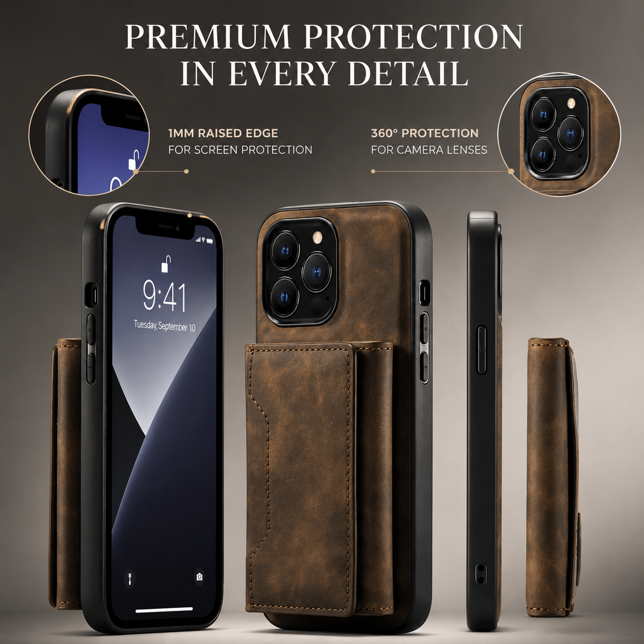 Premium iPhone Case MagSafe Compatible Detachable Leather Wallet Cover Card Holder Magnetic Stand Shockproof Protective Camera Lens Guard Slim Design