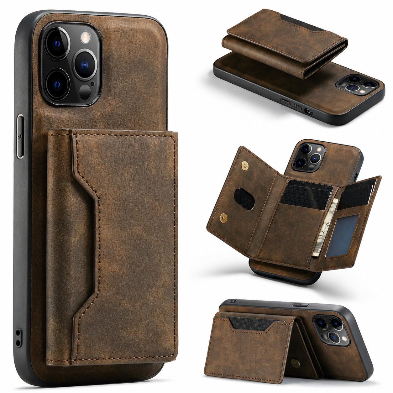 Premium iPhone Case MagSafe Compatible Detachable Leather Wallet Cover Card Holder Magnetic Stand Shockproof Protective Camera Lens Guard Slim Design