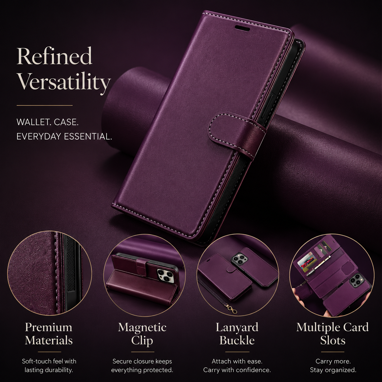 Premium iPhone Case MagSafe Compatible Detachable Leather Wallet Cover Flip Stand Card Holder Magnetic Shockproof Camera Lens Protection Slim Design