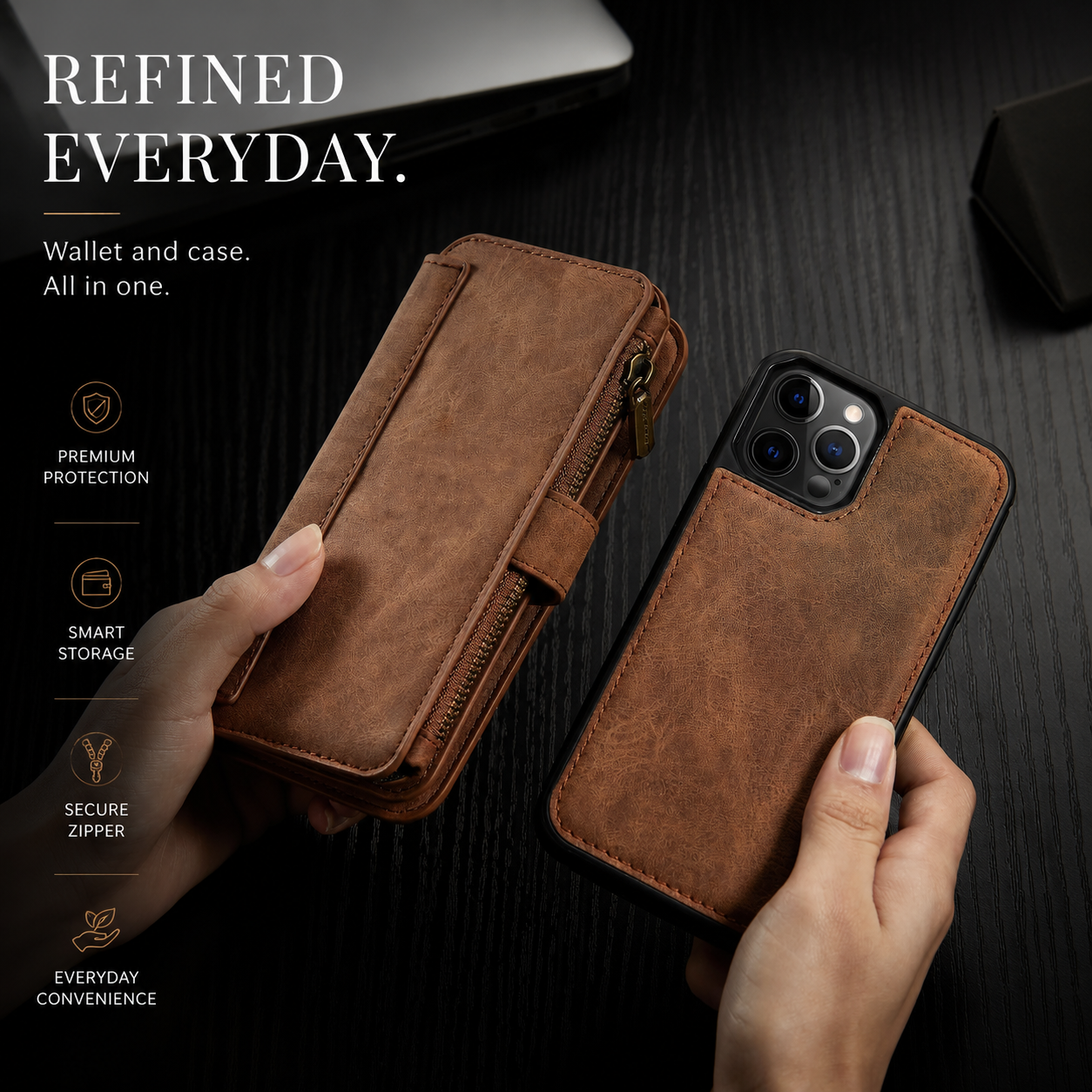 Premium iPhone Case MagSafe Compatible Detachable Leather Wallet Cover Flip Stand Card Holder Magnetic Shockproof Camera Lens Protection Slim Design