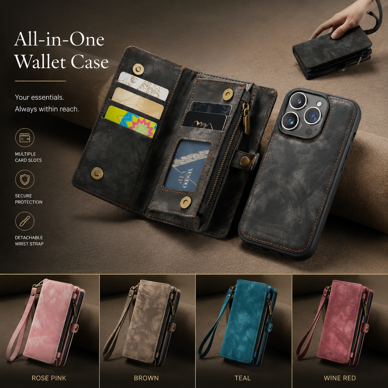Premium iPhone Case MagSafe Compatible Detachable Leather Wallet Cover Flip Stand Card Holder Magnetic Shockproof Camera Lens Protection Slim Design