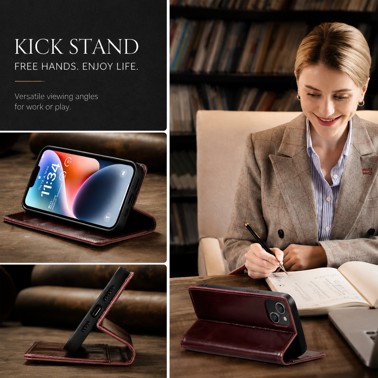 Premium iPhone Case MagSafe Compatible Detachable Leather Wallet Cover Flip Stand Card Holder Magnetic Shockproof Camera Lens Protection Slim Design